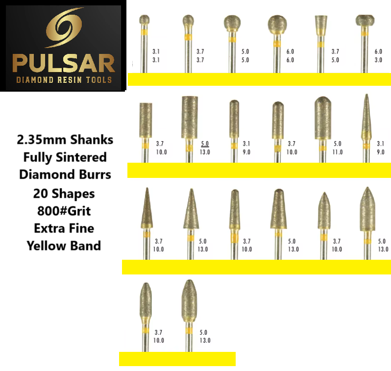 PULSAR DIAMOND® Full Set of 20 shapes 800#Grit Extra Fine Yellow Band Fully Sintered Diamond Burr 2.35mm Shank for grinding Opal & Gemstones, Glass, Stone, Metal Polishing Fits Dremel Foredom & Pulsar tools