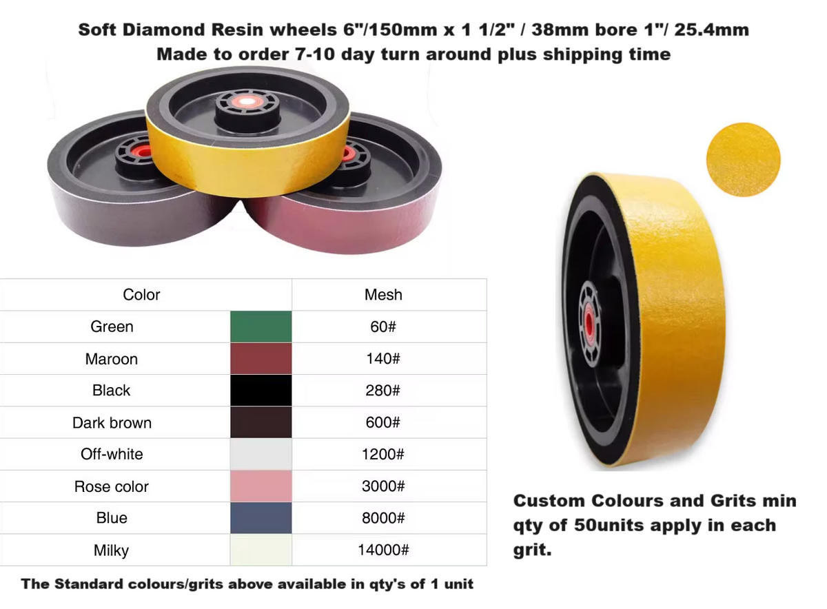 PULSAR DIAMOND™ 6"x 1 1/2" / 150mm x 38 mm Soft diamond resin wheels in various grits bore 1" / 25.4mm with plastic bushes