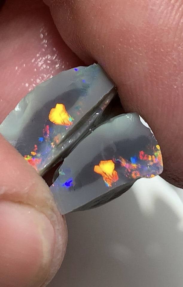 Australian Rough Opal Gem Grade semi Black knobby split pair 8.75cts Professional Cutters only! Stunning Bright exposed Reds & Multifires 15x6x9mm & 12x6x5mm WSN27