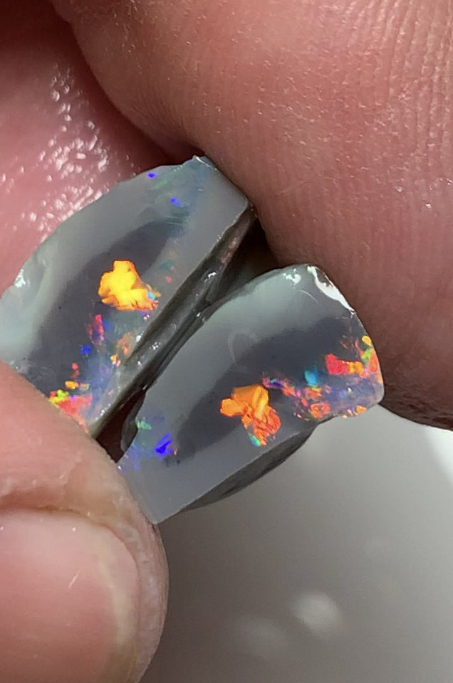 Australian Rough Opal Gem Grade semi Black knobby split pair 8.75cts Professional Cutters only! Stunning Bright exposed Reds & Multifires 15x6x9mm & 12x6x5mm WSN27