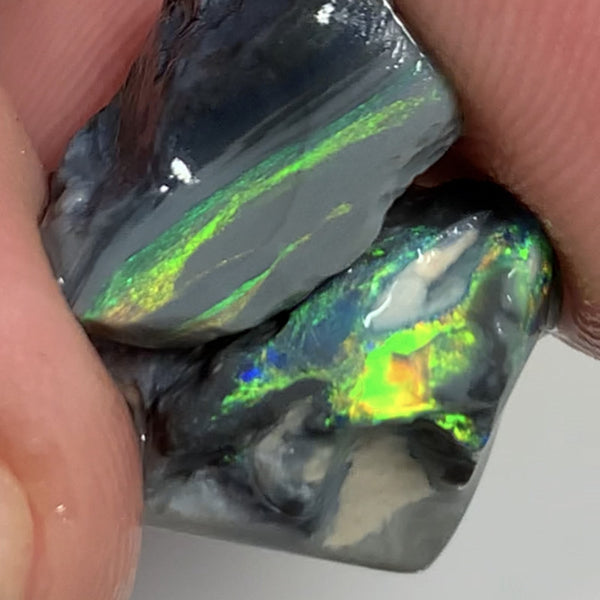 Australian Rough Mulga® Black Opal Seam pair 10cts Exotic & Stunning Cutters Gorgeous Bright Multifires & Bright bars 15x12x6mm & 12x8x6mm WSM55