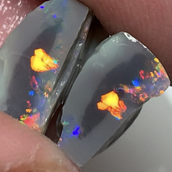 Australian Rough Opal Gem Grade semi Black knobby split pair 8.75cts Professional Cutters only! Stunning Bright exposed Reds & Multifires 15x6x9mm & 12x6x5mm WSN27