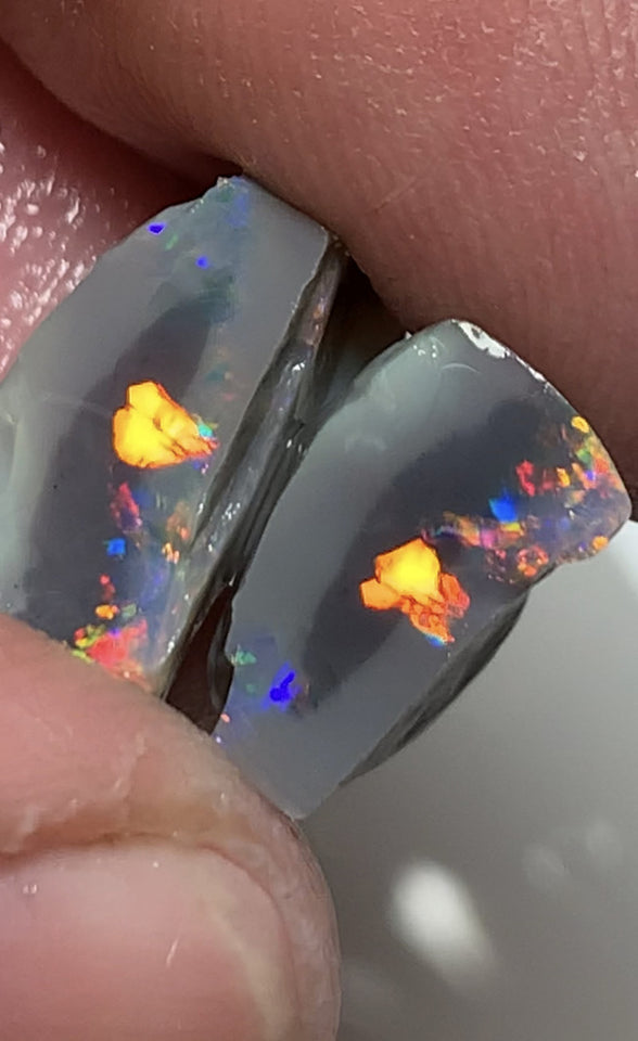 Australian Rough Opal Gem Grade semi Black knobby split pair 8.75cts Professional Cutters only! Stunning Bright exposed Reds & Multifires 15x6x9mm & 12x6x5mm WSN27