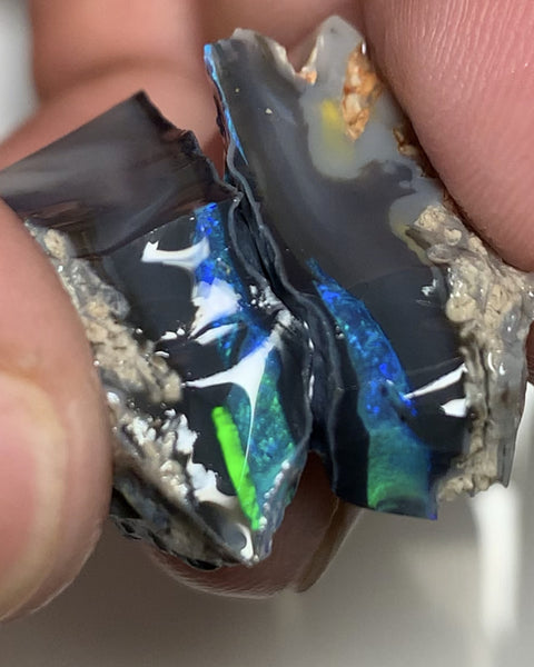 Australian Rough Mulga® Field Blacks GEM Opal Cutters Candy seam pair 35cts Bright Brilliant Bars & Fires 17x16x12mm & 20x10x9mm WSN39